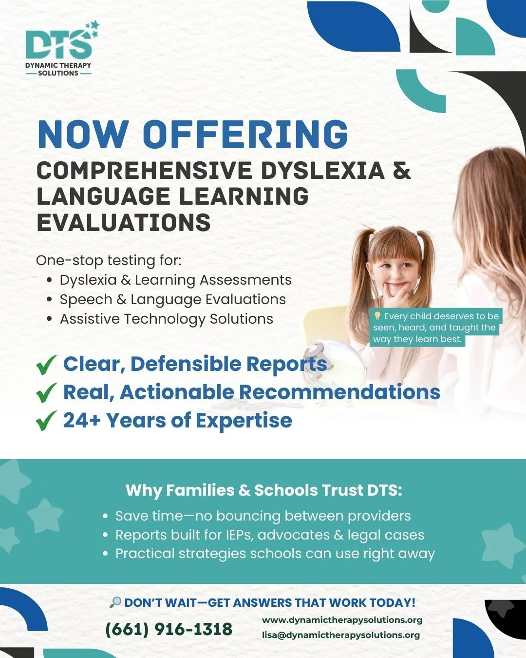 DTS Comprehensive Dyslexia and Language Learning Evaluations Flyer