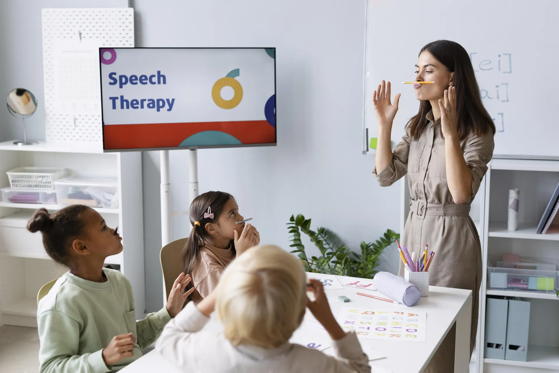 DTS speech therapist working with student in school setting with educational materials